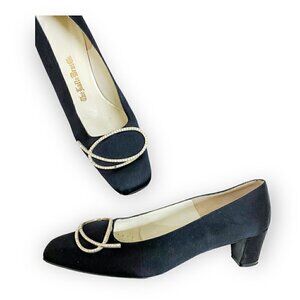 60s Roger Vivier Vintage Black Square Toe Pumps with Rhinestone ornaments, 5 1/2
